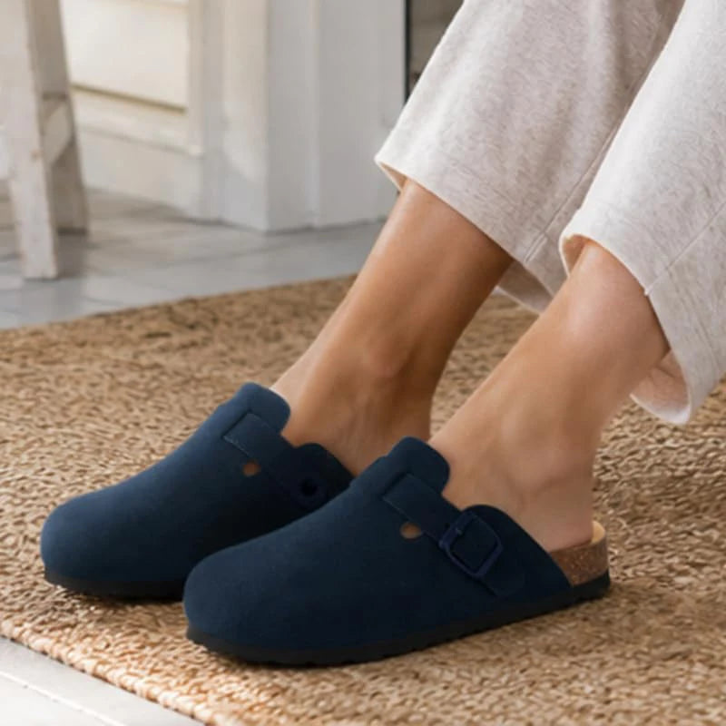 Comwarm Arch Support Unisex Clogs Slippers With Adjustable Metal Buckle Vegan Suede Mules Anti-slip Cork Footbed Potato Shoes