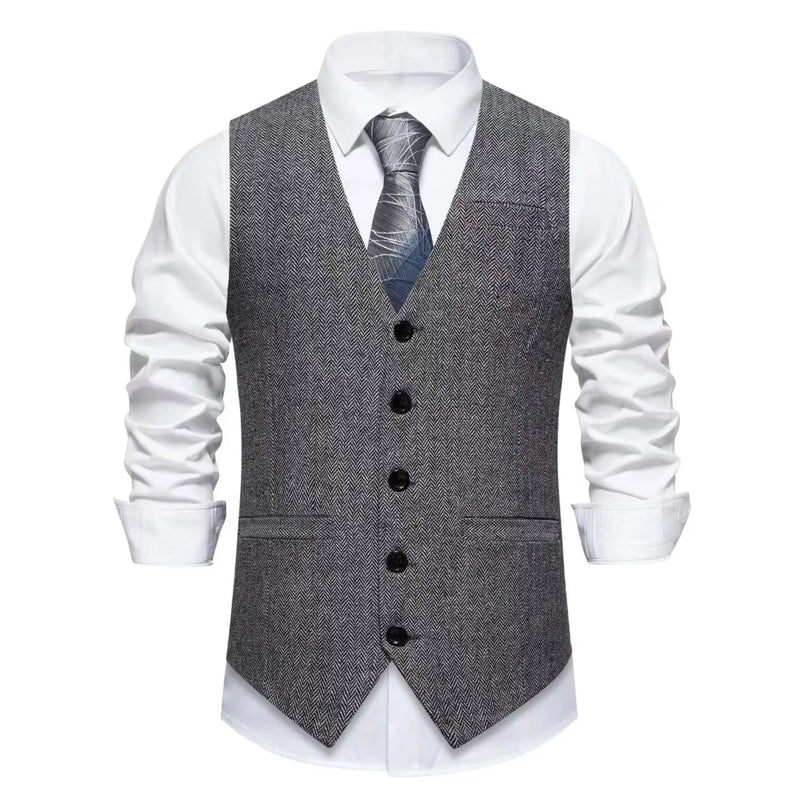 Men's Suit Vests Solid Color Herringbone Suit Waistcoat Business Casual Working Wear Retro Brown Single Breasted Vest for Men