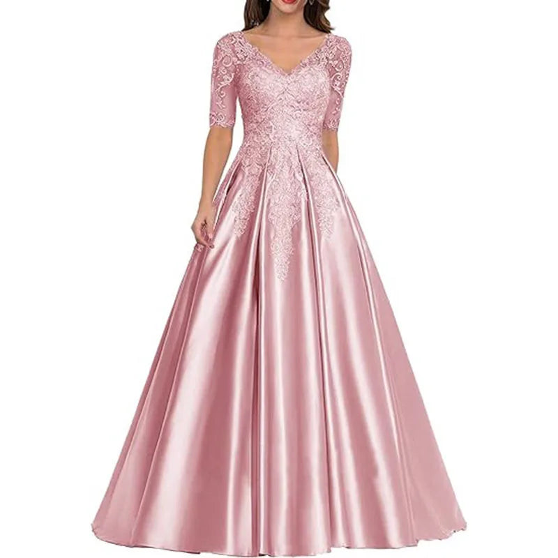 A Line Women Evening Dresses Satin Appliques V Neck Prom | SAMAG