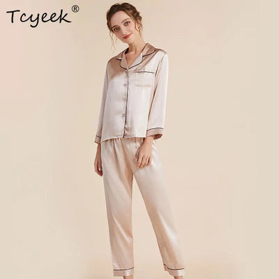 Tcyeek, 100%Real Silk Casual Pajamas Set, Women Long | SAMAG