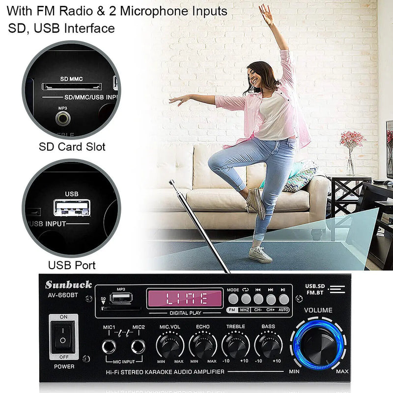 AK35/AV-660BT Audio Power Amplifiers 2 Channel Bluetooth-Compatible HIFI Sound Amplificador 110/220V Home Theater Sound System