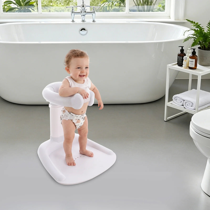 Baby Bath Shower Stand Floor Standing Adjustable Shower Tower for Toddler Standing Up Themselves, Grey/Pink/Khaki Ergonomic Standing Bath Support for 6-36 Months Baby