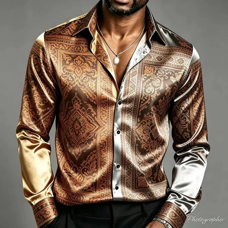 Men's Retro Baroque Printed Satin Silk Shirt Long Sleeved | SAMAG