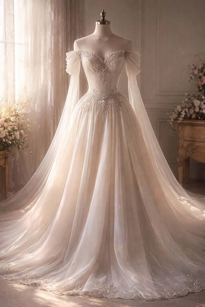 Elegant A - Line Sheer Crystal Bead Women's Wedding Dress | SAMAG