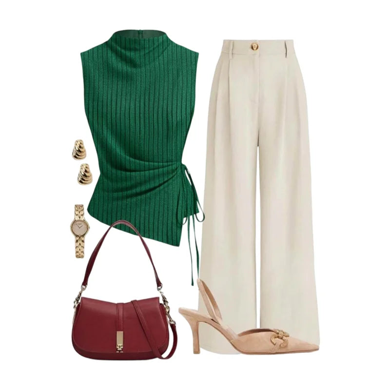 Women's Sleeveless Side Tie Top Matching High Waist Wide Leg Pants For Office Daily Dinner Casual Fashion Occasions
