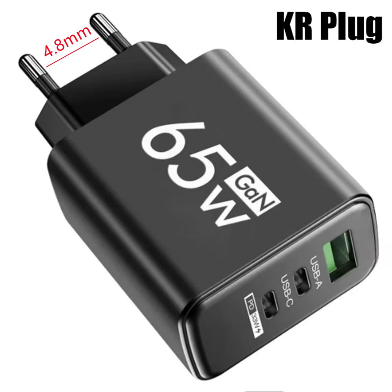 65W USB C GaN Charger 3 Ports Fast Charging Adapter 10A USB To Type C Data Cable PD USB QC3.0 Chargers for iPhone Samsung Xiaomi