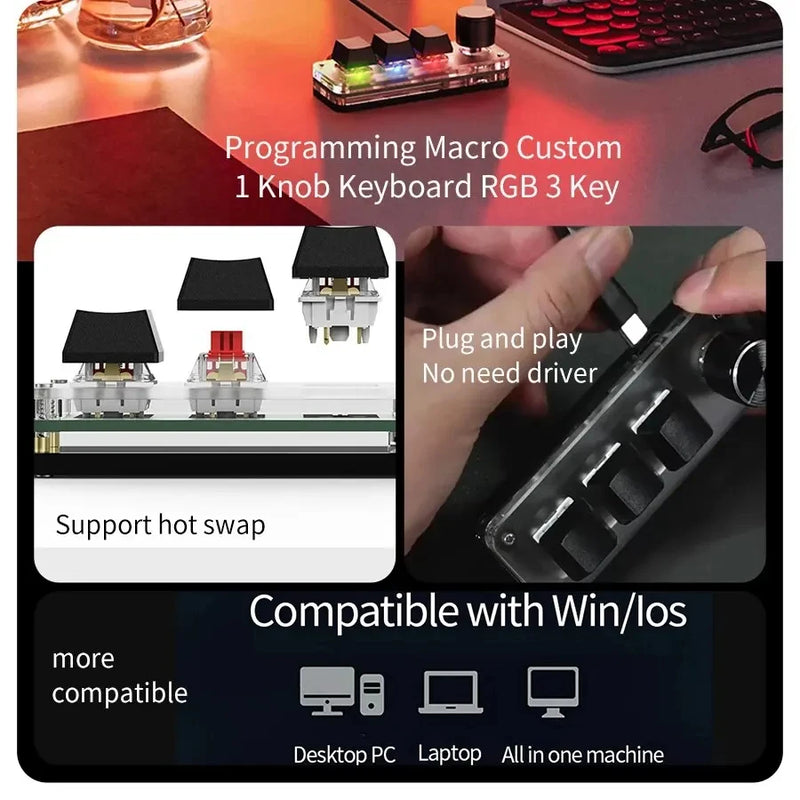 Mini Keyboard 3 Keys 1 Knob RGB Programming Macro Mechanical Keyboard Gaming Custom Switch Portable Keypad For Photoshop