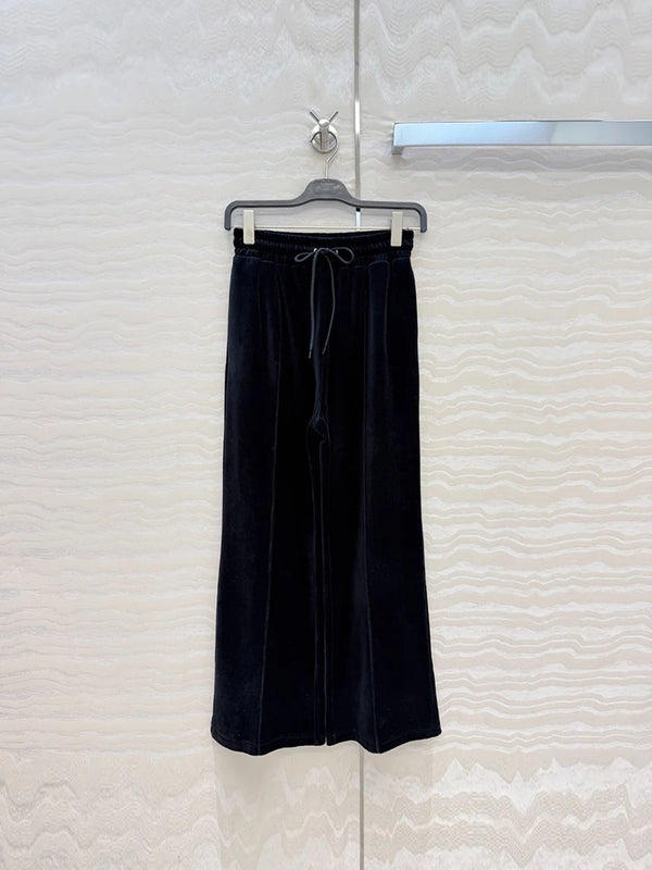 Autumn Winter Fashion Black Velvet Vintage Casual Wide Leg Pants Suit Women's Hooded Long Sleeve Coat+Drawstring Waist Trousers
