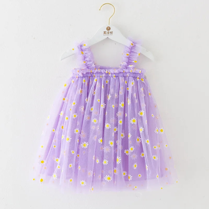 Toddler Girls Summer Sling Dress Sleeveless Daisy Print A-Line Tulle Princess Dress Kids Birthday Party Skirt Cute Baby Clothes