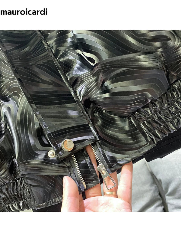 Mauroicardi Spring Autumn Cool Short Black Shiny Geometric Faux Leather Jacket Men Zipper Stylish Luxury Designer Clothes