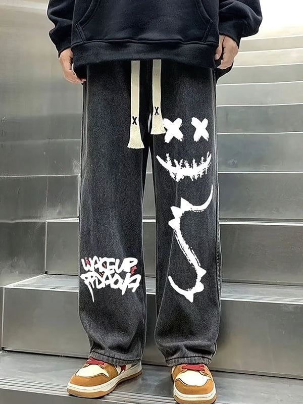 Printed Black Baggy Jeans Pants Men Straight Oversize | SAMAG