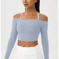 Long Sleeve Yoga T-Shirt for Women, Off Shoulder, Sexy Tight Gym Workout Top, Naked Feeling, Quick Dry Sports Activewear