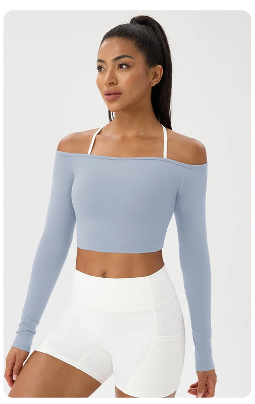 Long Sleeve Yoga T-Shirt for Women, Off Shoulder, Sexy Tight Gym Workout Top, Naked Feeling, Quick Dry Sports Activewear