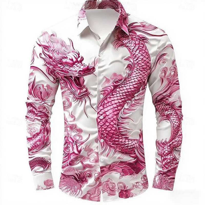 Multicolour Dragon Men's Long Sleeve Shirt Button Fashion | SAMAG