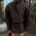 Vintage Suede Two Piece Set Stand Collar High Neck Zip Up Cropped Jacket High Waist Mini Skirt Women 2026 Autumn Retro Chic Suit