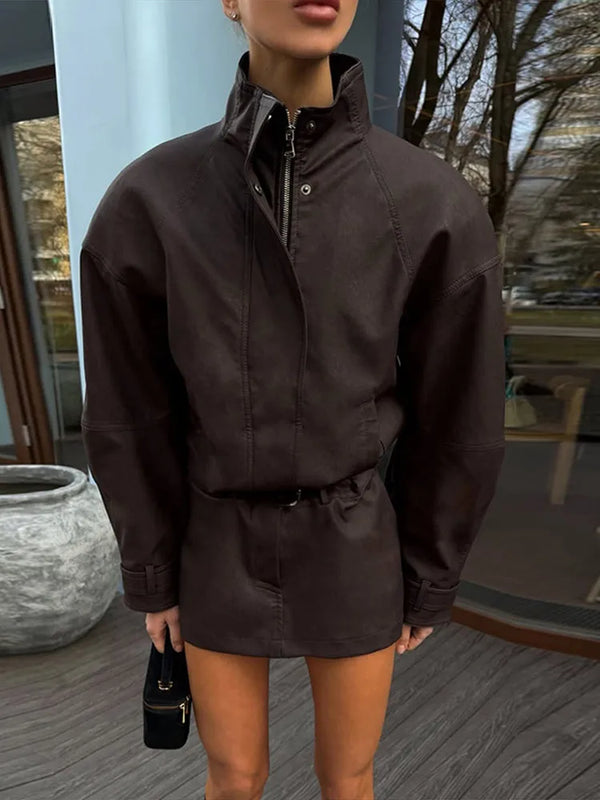 Vintage Suede Two Piece Set Stand Collar High Neck Zip Up Cropped Jacket High Waist Mini Skirt Women 2026 Autumn Retro Chic Suit