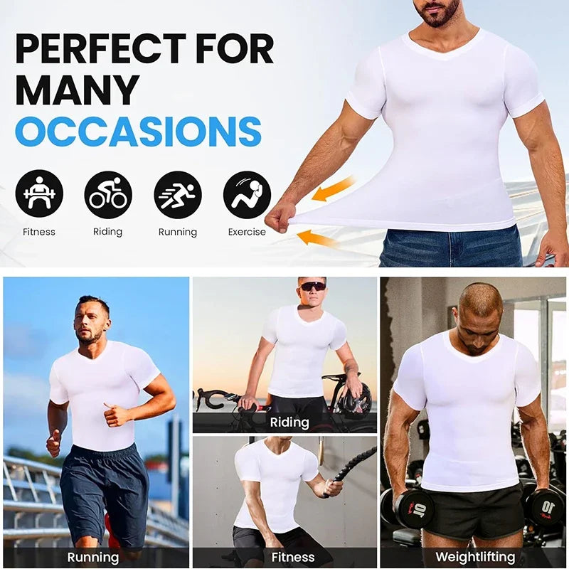 Men's Body Shaper Compression Tank Tops V-Neck Short Sleeved Slimming Undershirt Workout Abs Abdomen Tummy Control Shapewear