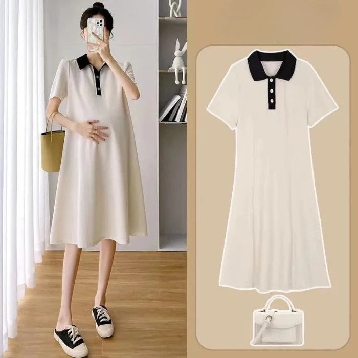 Somenie Summer Maternity Short Sleeve Dress Lapel Collar Casual Pregnant Women Daily Wear Outfit