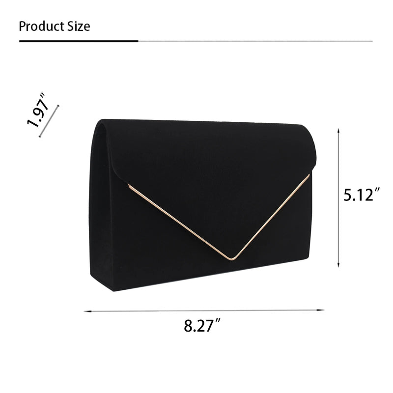 Black Faux Suede Clutch Bag Facny Elegant Formal Wedding Bridal Party Evening Purse Handbag with Shoulder Chain