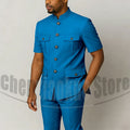 Men's Grey Mandarin Collar Suit Set Short Sleeves Multi-Pocket Jacket and Trousers Fashion Formal Smart Casual Wedding Suits