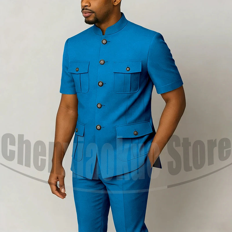 Men's Grey Mandarin Collar Suit Set Short Sleeves Multi-Pocket Jacket and Trousers Fashion Formal Smart Casual Wedding Suits