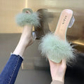 Fashion Slippers Women's Summer New Open Toe Plush Fox Fur Chunky with Flip Flops Sexy Home Banquet Square Toe Simple Pumps