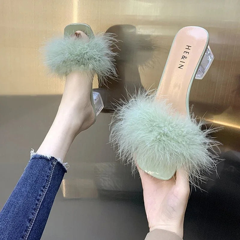 Fashion Slippers Women's Summer New Open Toe Plush Fox Fur Chunky with Flip Flops Sexy Home Banquet Square Toe Simple Pumps