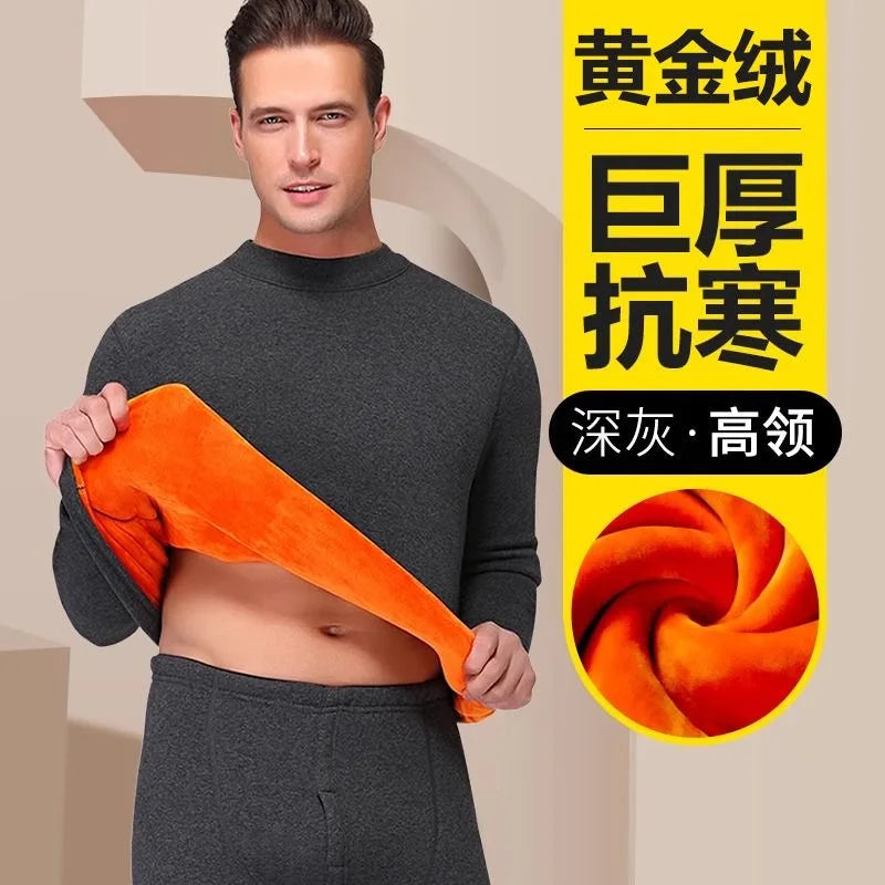 Thickened Fleece Warm Underwear Set Men's Pure Cotton Half High Collar Cotton Sweater Middle Aged Gold Velvet Autumn Clothes