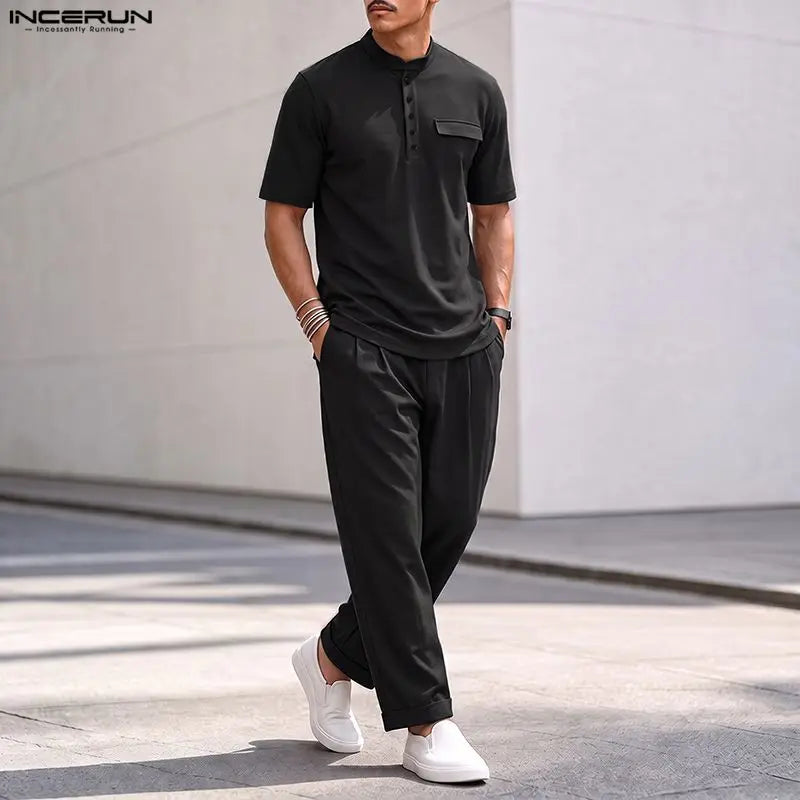 INCERUN Men's Sets Solid O - neck Short Sleeve T Shirt Pants Two Piece Streetwear Casual Fashion Matching - View 2 | SAMAG