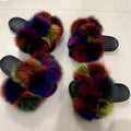 Fur Slides Factory Supply Mixed Color Pom Pom Six Balls Fox Fur Multi-Color Fluffy Fur Slippers For Women