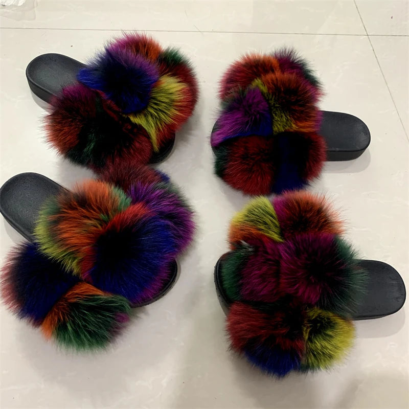 Fur Slides Factory Supply Mixed Color Pom Pom Six Balls Fox Fur Multi-Color Fluffy Fur Slippers For Women
