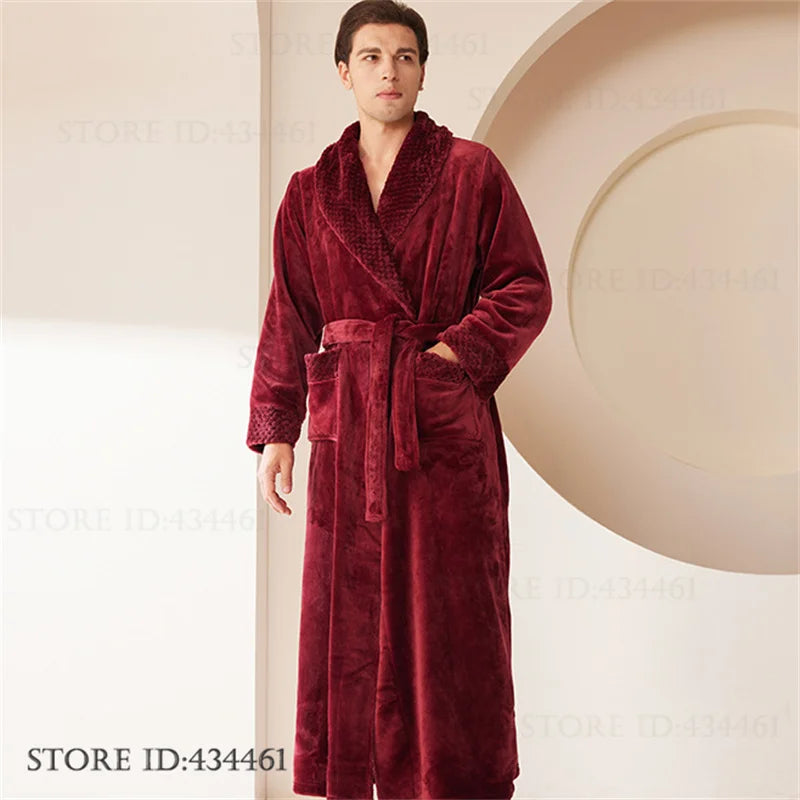 Large Size Flannel Men's Long Robe Kimono Gown Winter Thicken Sleepwear Loungewear Loose Coral Fleece Couple Pajama Home Clothes