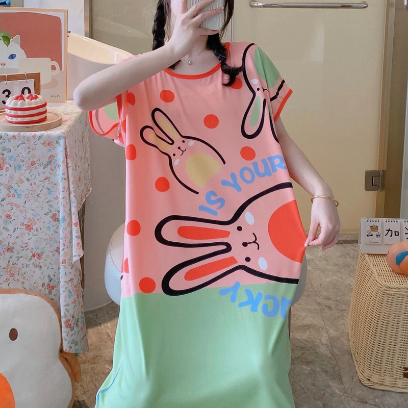 Cartoon Pink Green Rabit Print Lounge Dresses, Comfy Cute | SAMAG