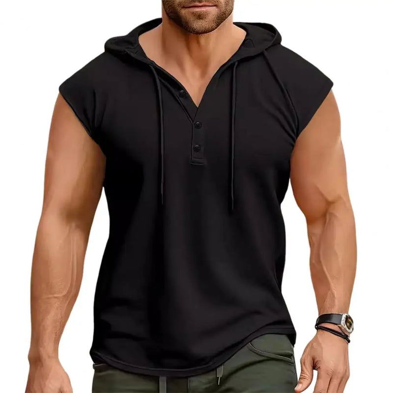 Men Vest Hooded Drawstring Sleeveless Tops Solid Color T-Shirt with Wide Shoulder Straps Button Adjustment Sports Vest