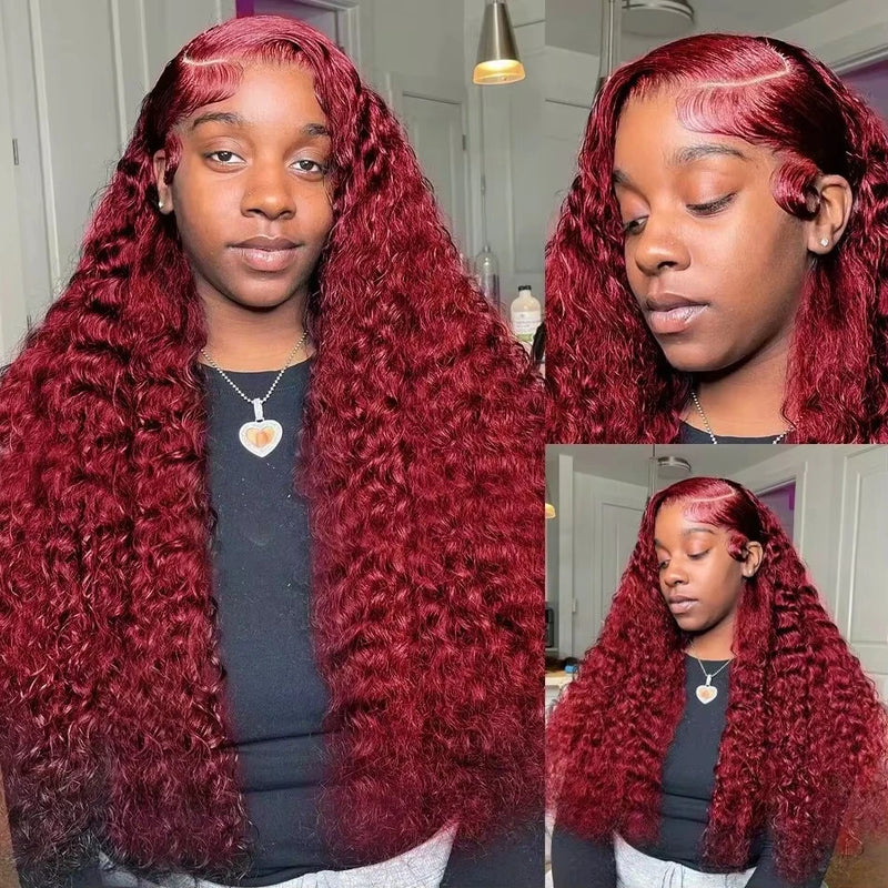 30 Inch 99J Deep Wave Lace Front Wig 13x6 Human Hair Lace Frontal Wig Colored Curly Human Hair Wigs 250 Density