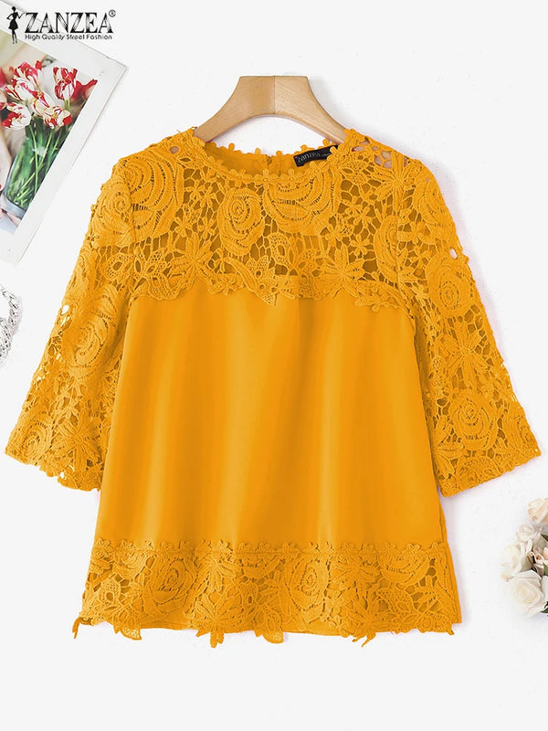 ZANZEA Elegant Lace Patchwork Blouse Summer Tops - View 2 | SAMAG