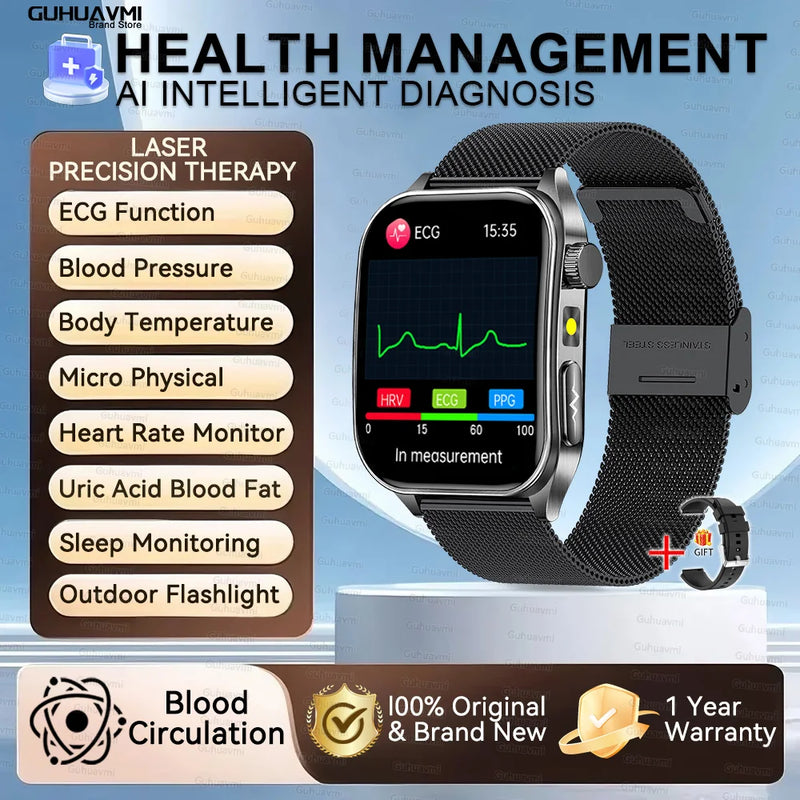 Health managed Non-Invasive Laser Physiotherapy Smart Watch Blood Pressure Uric Acid Call ECG+PPG 650nm Laser Smart Watch 2026