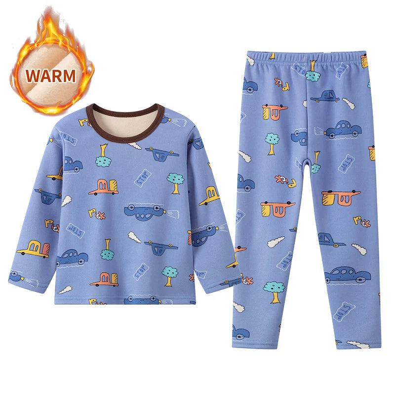 2-piece Autumn And Winter Children's Plush Thick Warm Home Underwear Set For Boys And Girls Fun And Cute Tops Comfortable Pants