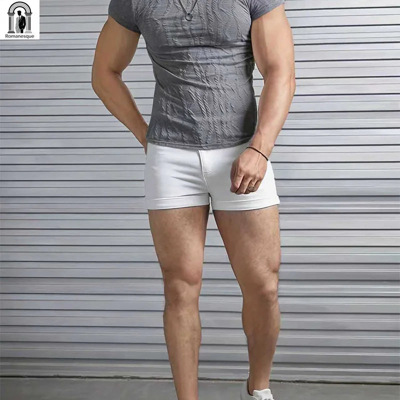 Men's Sexy Slim Fit White Denim Shorts, Rolled Cuff | SAMAG