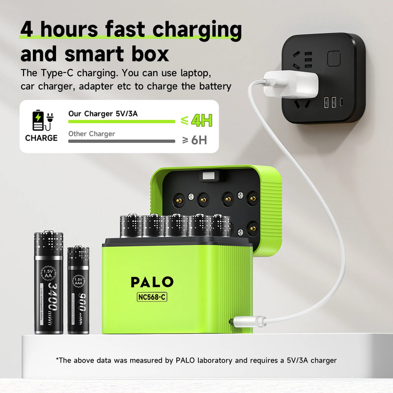 PALO 3400mWh Li-ion 1.5V AA and AAA Rechargeable Batteries with 8-channel magnetic flip charger for 1.5V 2A 3A Lithium Batteries