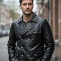 Mens English Gothic Black Leather Trench Coat Military Officer Classic