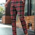 Men's Tartan Plaid Tapered Cropped Dress Pants Viscose Polyamide Elastane Slim Fit Business Casual Ankle‑Length Trousers