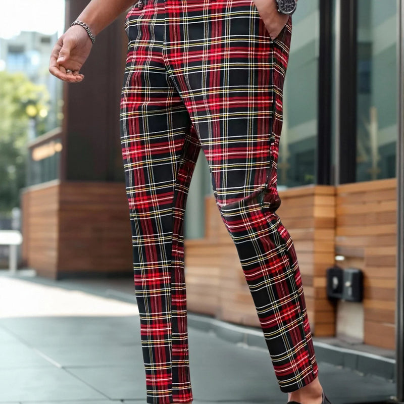 Men's Tartan Plaid Tapered Cropped Dress Pants Viscose Polyamide Elastane Slim Fit Business Casual Ankle‑Length Trousers