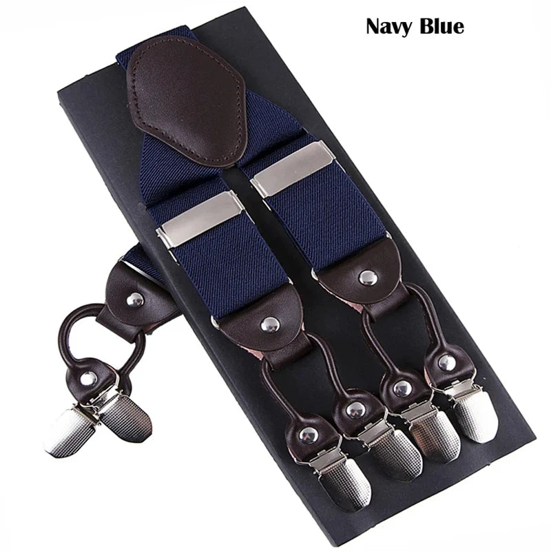 Men's Casual Fashion Leather Suspenders Adjustable High Quality Belt Strap Braces with 6 Clips