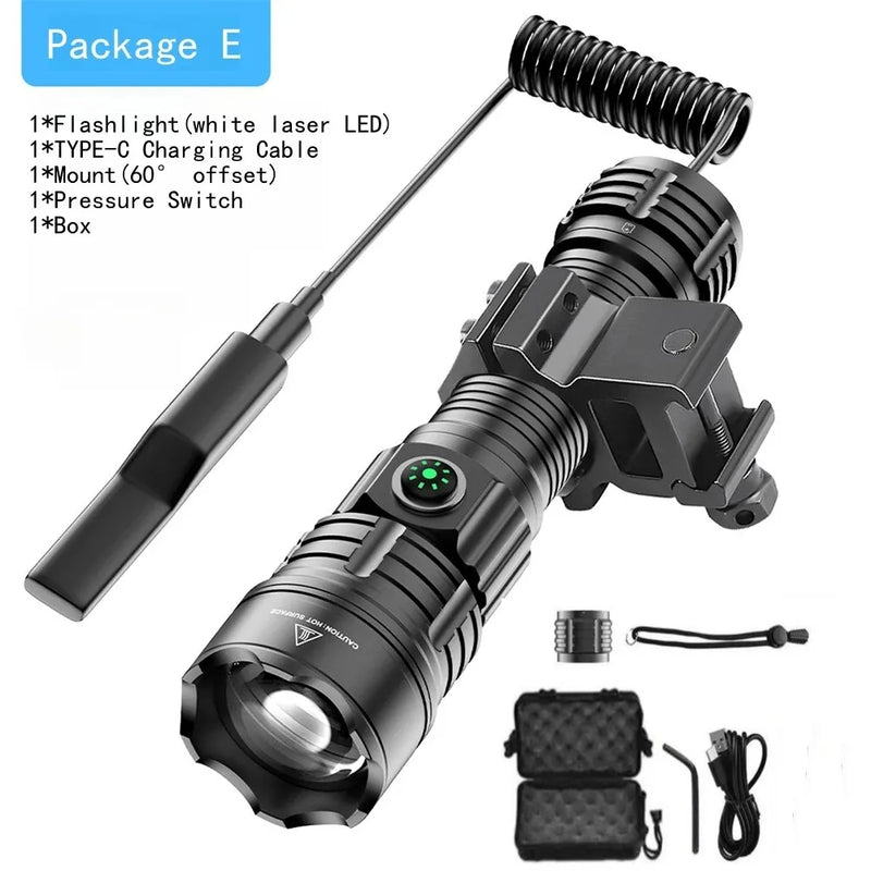 LED Flashlight Tactical Night Scout Hunting Lights Set Long-Shot Powerful Type-C Rechargeable Outdoor Waterproof Torch