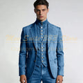 Tailor Made Men's Suits Denim Single Breasted Notch Lapel Slim Fit 3 Piece Jacket Pants Vest Full Sets Elegant Male Clothing