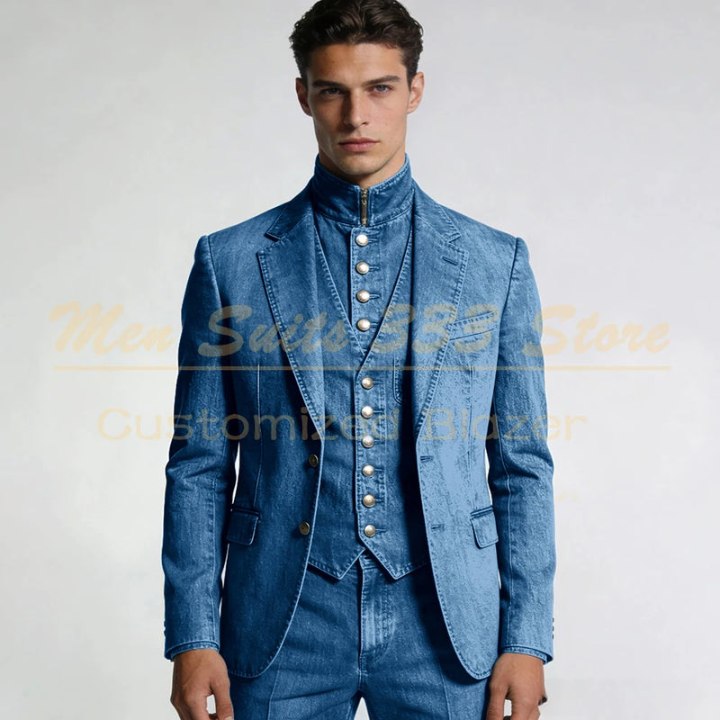 Tailor Made Men's Suits Denim Single Breasted Notch Lapel Slim Fit 3 Piece Jacket Pants Vest Full Sets Elegant Male Clothing