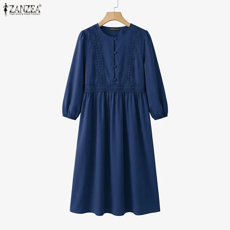 ZANZEA Muslim Women Lace Patchwork Maxi Dress Modet | SAMAG