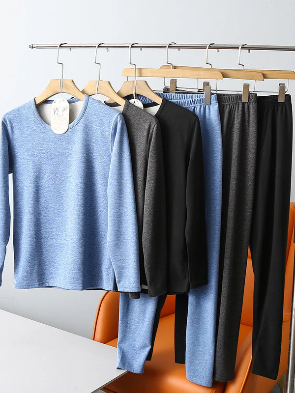 Upgraded Version Men's Thermal Wool Silk Underwear Set Self-Heating Double Warmth Velvet Knitted Fabric Long Sleeve round Neck