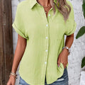 Women Casual Cotton Blouse Vintage Summer Short Sleeve Slim Shirt Elegant Turn Down Collar Solid Tunics Harajuku Streetwear Tops